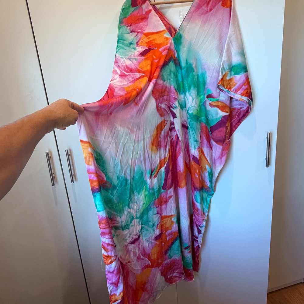 Natori Floral Kaftan Watercolor Maxi Dress Pink Orange OS Resortwear Luxury